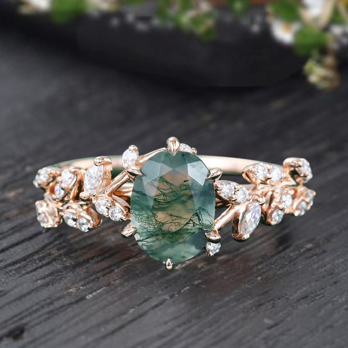 Vintage oval cut green moss agate engagement ring rose gold art deco cluster leaf nature inspired bridal promise wedding ring set women